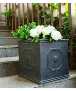 KANTE 12.6 in. W Square Antique Gray Lightweight Concrete/Fiberglass Indoor Outdoor English Lion Head Planter