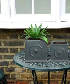 KANTE 12.5" and 10.2"H Square Antique Gray Lightweight Classic English Style Lion Head Planter (Set of 2) Outdoor/Indoor -Vigoro sales Store antique gray kante plant pots rf0172ab c80451 fa 1000