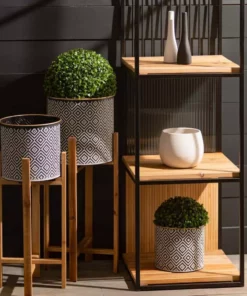 SULLIVANS Black and White Gemoetric Pattern Metal Planter on Stand (Set of 2) 10 SULLIVANS Black and White Gemoetric Pattern Metal Planter on Stand (Set of 2) -Vigoro sales Store black and white patterned sullivans plant pots met1830 1f 1000