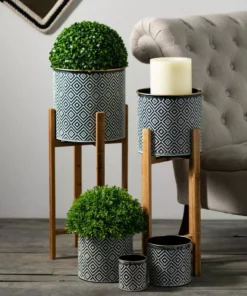 SULLIVANS Black and White Gemoetric Pattern Metal Planter on Stand (Set of 2) 9 SULLIVANS Black and White Gemoetric Pattern Metal Planter on Stand (Set of 2) -Vigoro sales Store black and white patterned sullivans plant pots met1830 4f 1000