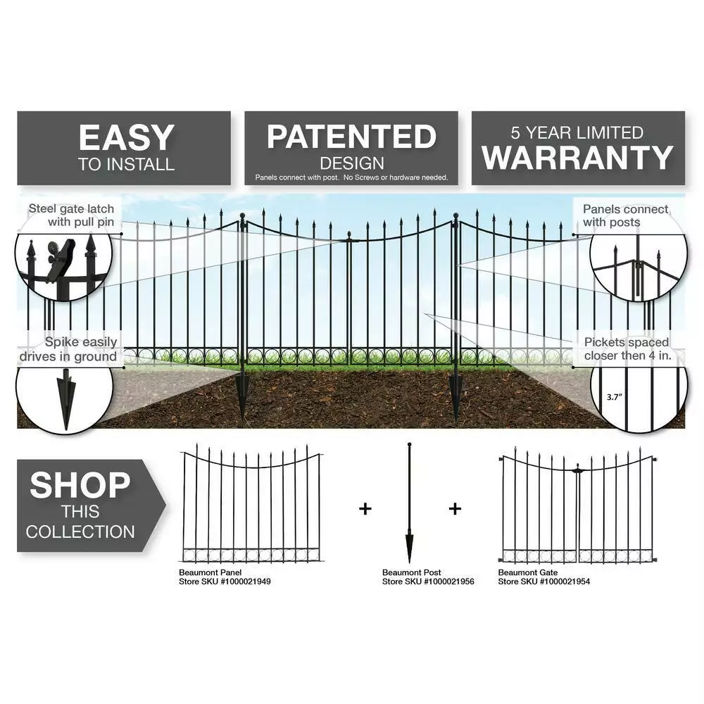 Vigoro Beaumont 40.4 in. H x 49.6 in. W Black Steel 3-Rail Fence Panel (4-Pack) 10 Vigoro Beaumont 40.4 in. H x 49.6 in. W Black Steel 3-Rail Fence Panel (4-Pack) - Image 8