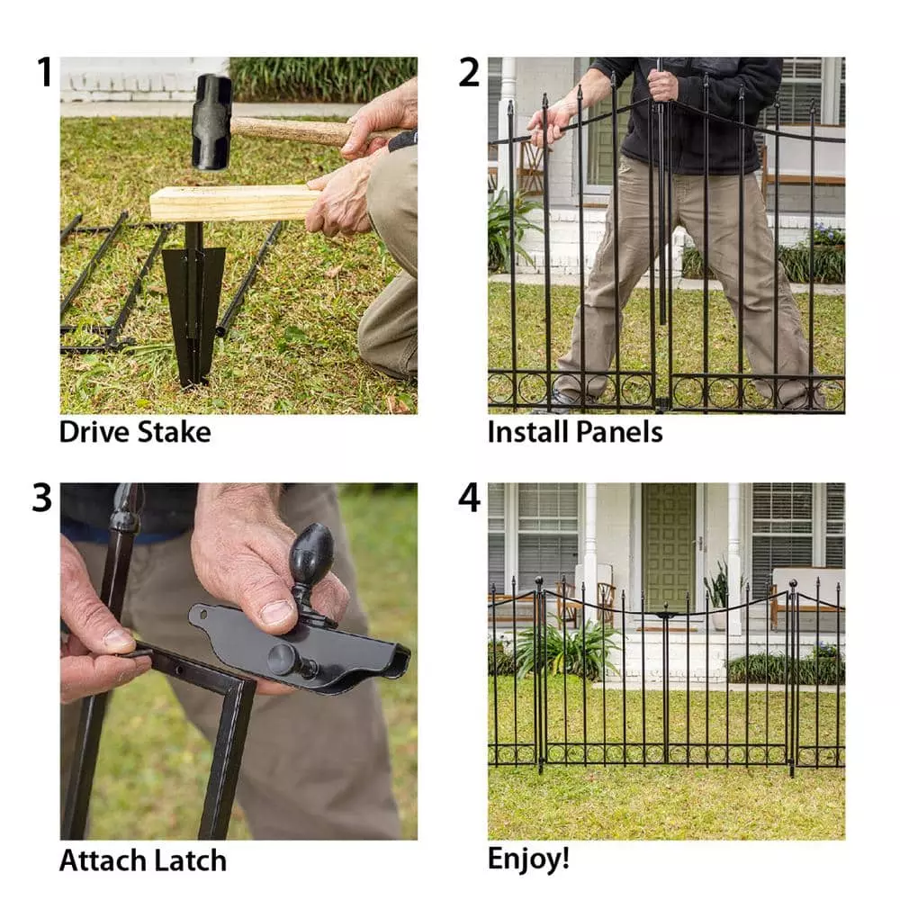 Vigoro Beaumont 40.4 in. H x 49.6 in. W Black Steel 3-Rail Fence Panel (4-Pack) 14 Vigoro Beaumont 40.4 in. H x 49.6 in. W Black Steel 3-Rail Fence Panel (4-Pack) - Image 12