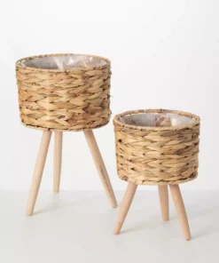 SULLIVANS Brown Woven Wood Planter Basket with Legs (Set of 2)