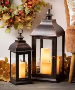 SULLIVANS 25 in. Lantern with 3 LED Pillar Candles -Vigoro sales Store browns tans sullivans outdoor lanterns su65205ab 4f 1000