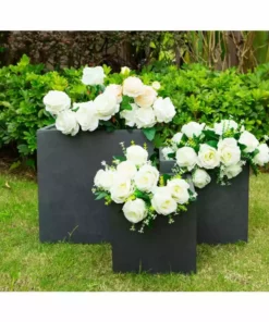 KANTE 16 in. x 12 in. and 10 in. W Square Charcoal Lightweight Concrete/Fiberglass Indoor Outdoor Elegant Planters (Set of 3)