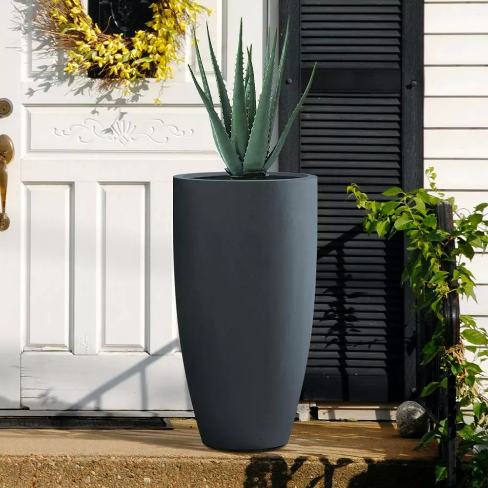 KANTE 13.39 in. x 23.62 in. Round Charcoal Finish Lightweight Concrete and Fiberglass Indoor Outdoor Planter w/Drainage Hole 9 KANTE 13.39 in. x 23.62 in. Round Charcoal Finish Lightweight Concrete and Fiberglass Indoor Outdoor Planter w/Drainage Hole - Image 7