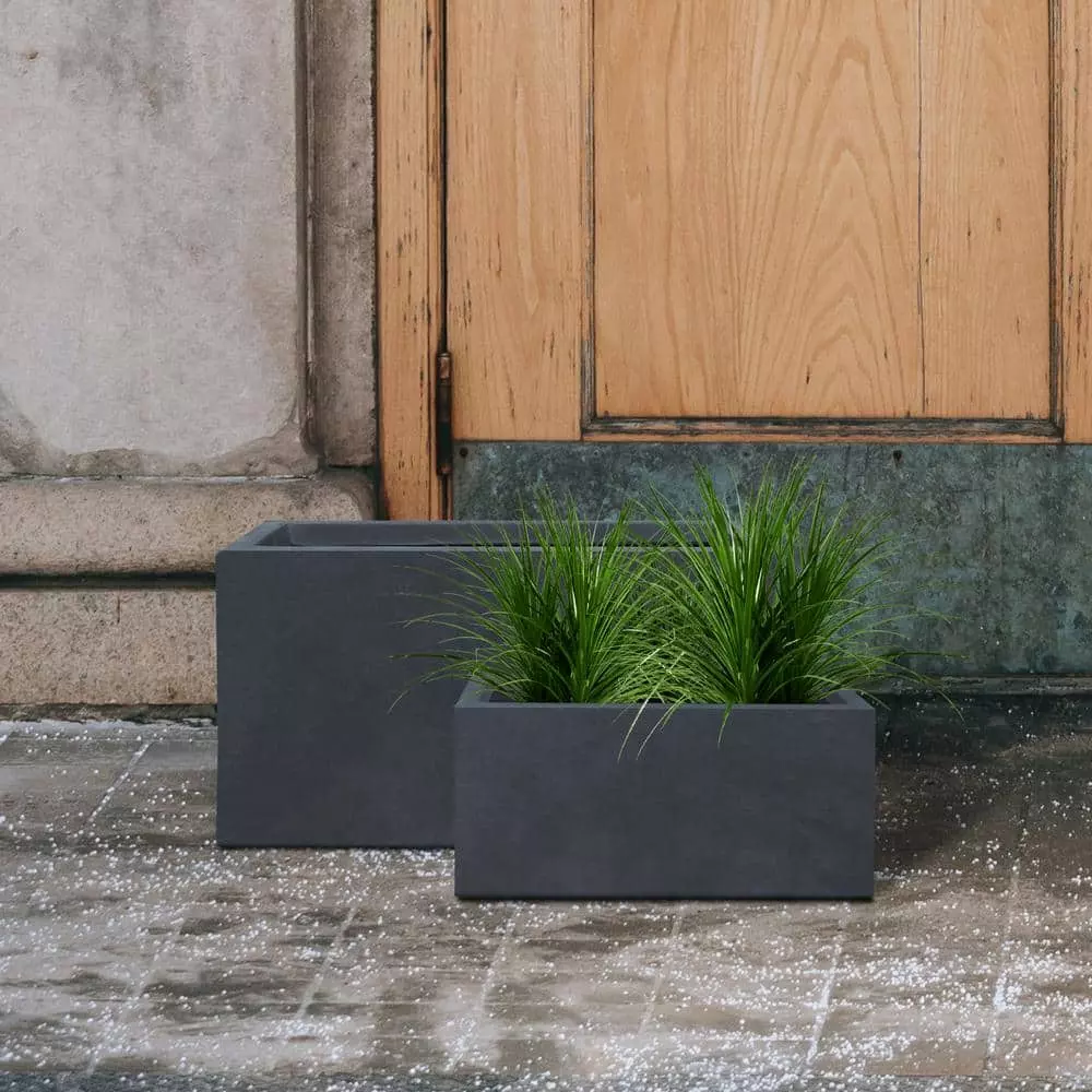 KANTE 31.4" & 23.6"L Rectangular Charcoal Finish Lightweight Concrete Long Planters w/Drainage Hole Set of 2, Outdoor/Indoor 4 KANTE 31.4" & 23.6"L Rectangular Charcoal Finish Lightweight Concrete Long Planters w/Drainage Hole Set of 2, Outdoor/Indoor - Image 2