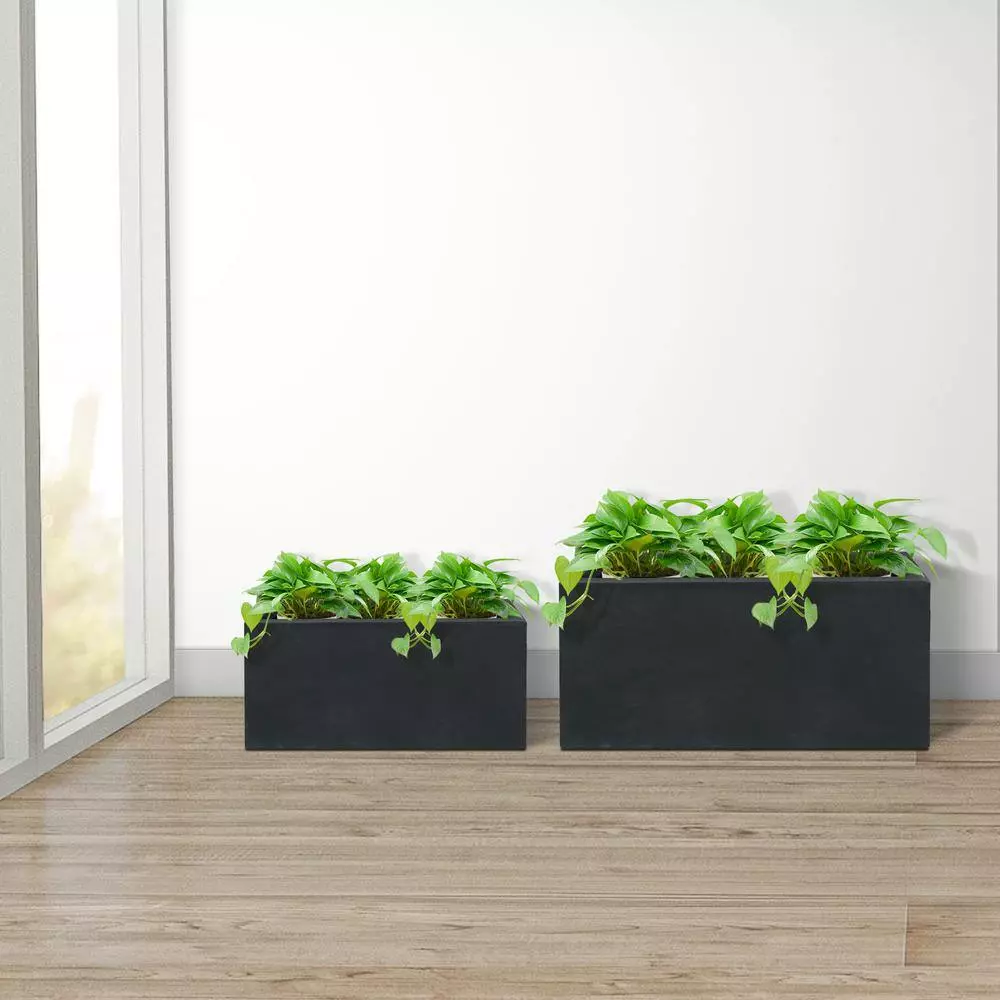 KANTE 31.4" & 23.6"L Rectangular Charcoal Finish Lightweight Concrete Long Planters w/Drainage Hole Set of 2, Outdoor/Indoor 9 KANTE 31.4" & 23.6"L Rectangular Charcoal Finish Lightweight Concrete Long Planters w/Drainage Hole Set of 2, Outdoor/Indoor - Image 7