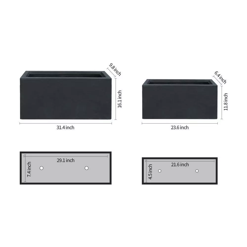 KANTE 31.4" & 23.6"L Rectangular Charcoal Finish Lightweight Concrete Long Planters w/Drainage Hole Set of 2, Outdoor/Indoor 6 KANTE 31.4" & 23.6"L Rectangular Charcoal Finish Lightweight Concrete Long Planters w/Drainage Hole Set of 2, Outdoor/Indoor - Image 4