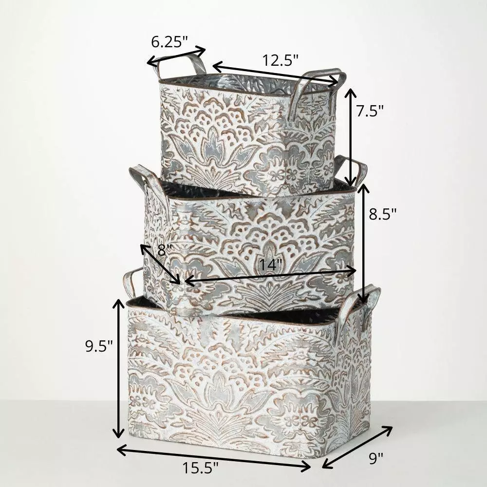 SULLIVANS 9.5 in., 8.5 in. and 7.5 in. Gray Metal Flourish Planter with Handles - (Set of 3) 6 SULLIVANS 9.5 in., 8.5 in. and 7.5 in. Gray Metal Flourish Planter with Handles - (Set of 3) - Image 4