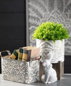 SULLIVANS 9.5 in., 8.5 in. and 7.5 in. Gray Metal Flourish Planter with Handles - (Set of 3) 8 SULLIVANS 9.5 in., 8.5 in. and 7.5 in. Gray Metal Flourish Planter with Handles - (Set of 3) -Vigoro sales Store gray sullivans plant pots met1823 4f 1000