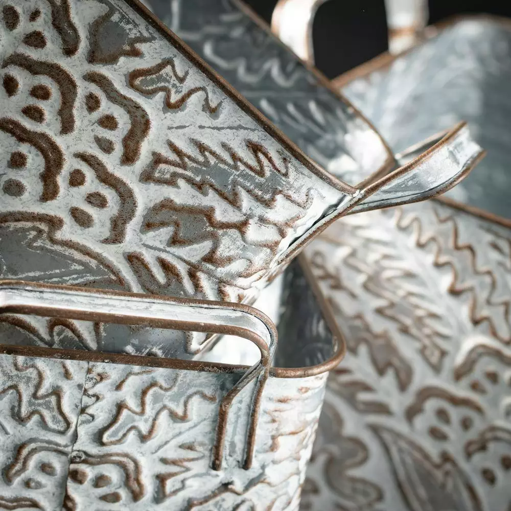 SULLIVANS 9.5 in., 8.5 in. and 7.5 in. Gray Metal Flourish Planter with Handles - (Set of 3) 4 SULLIVANS 9.5 in., 8.5 in. and 7.5 in. Gray Metal Flourish Planter with Handles - (Set of 3) - Image 2