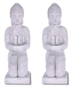 KANTE 12.8 in. H Gray Cement Buddha Garden Statue Tealight Candle Holder Ornament (2-Pack)