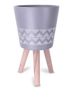 KANTE 17.4 in. Tall Light Gray Lightweight Concrete Classic Outdoor/Indoor Cylindrical Planter with 3 Wooden Legs