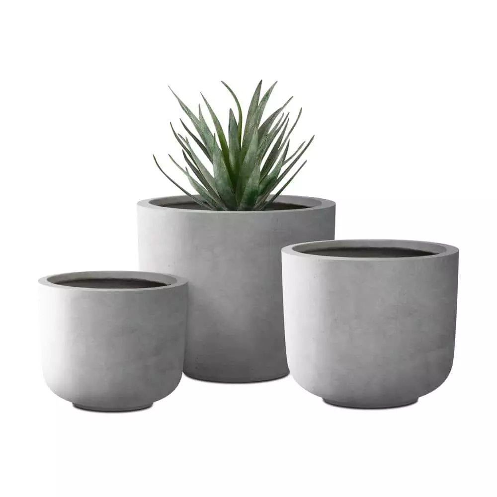 KANTE Round Natural Finish Lightweight Concrete & Fiberglass Weather Resistant Planters with Drainage Holes (Set of 3) 3 KANTE Round Natural Finish Lightweight Concrete & Fiberglass Weather Resistant Planters with Drainage Holes (Set of 3)