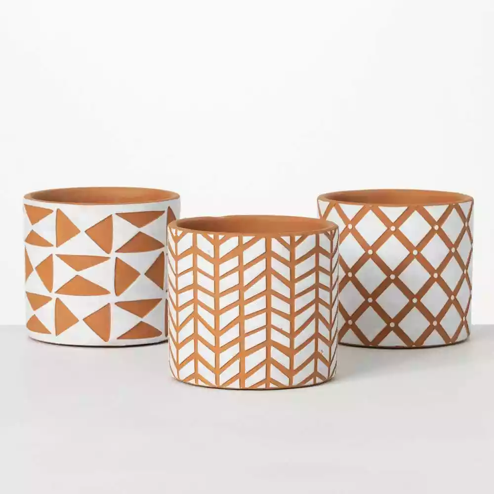 SULLIVANS Geometric Print Terracotta Pot - Set of 3 3 SULLIVANS Geometric Print Terracotta Pot - Set of 3