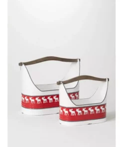 SULLIVANS Red and White Reindeer Metal Trugs with Wood Handles (Set of 2)