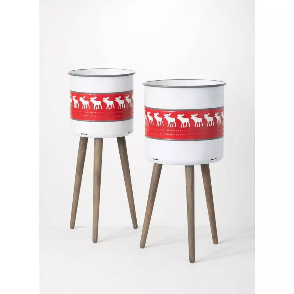 SULLIVANS Red & White Reindeer Metal and Wood Planter Stand (Set of 2) 3 SULLIVANS Red & White Reindeer Metal and Wood Planter Stand (Set of 2)
