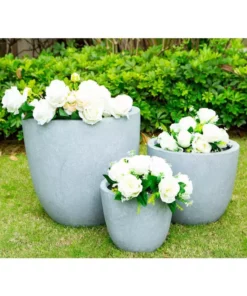 KANTE 18", 14" and 10"W Round Slate Gray Lightweight Concrete/Fiberglass Indoor Outdoor Elegant Seamless Planters (Set of 3)