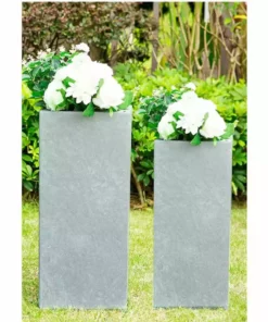 KANTE 28 in. and 24 in. H Square Slate Gray Concrete/Fiberglass Indoor Outdoor Modern Seamless Tall Planters (Set of 2)