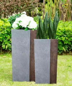KANTE 28 in and 24 in. H Square Timber Ridge Concrete/Fiberglass Indoor Outdoor Elegant Tall Planters (Set of 2)