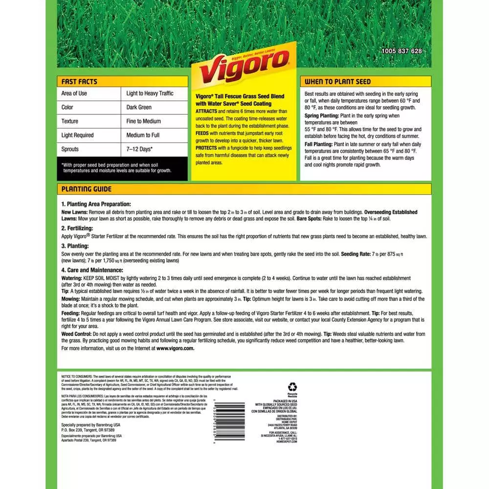 Vigoro 7 lbs. Tall Fescue Grass Seed Blend with Water Saver Seed Coating 5 Vigoro 7 lbs. Tall Fescue Grass Seed Blend with Water Saver Seed Coating - Image 3