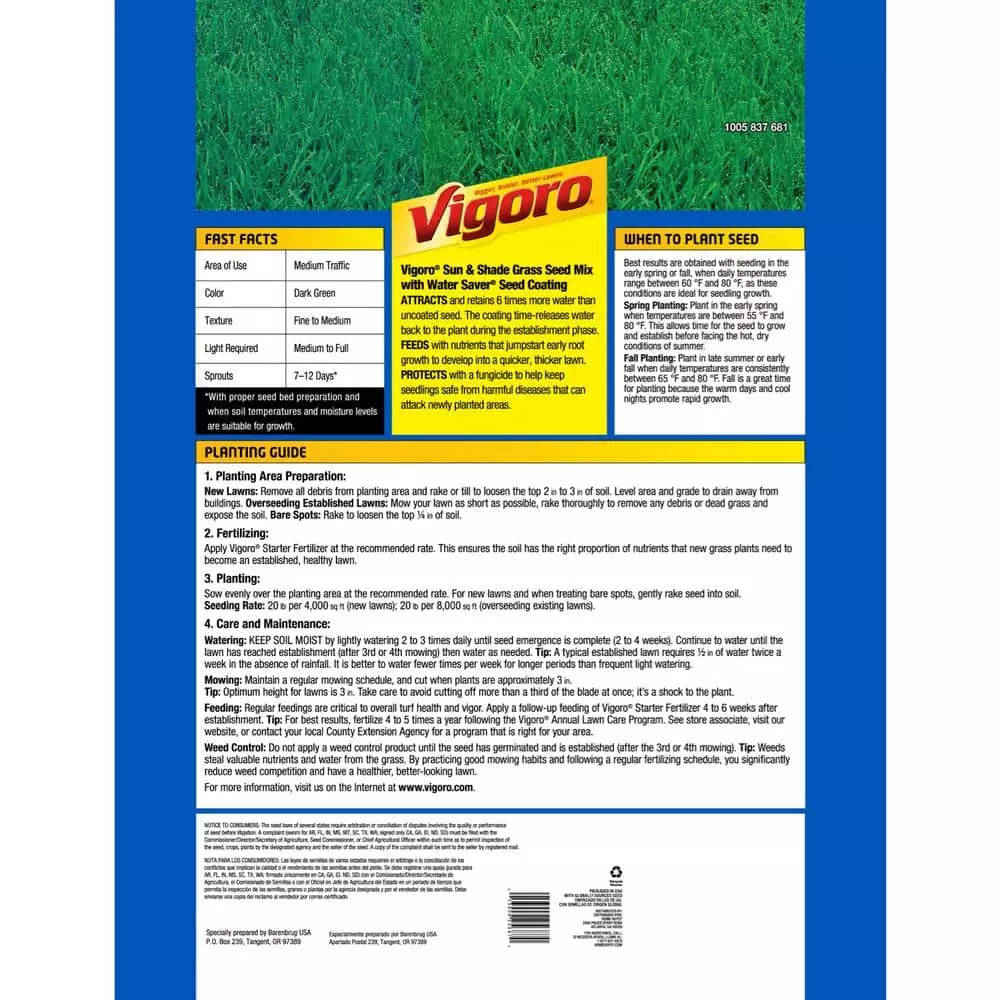 Vigoro 20 lbs. Sun and Shade Grass Seed Mix with Water Saver Seed Coating 5 Vigoro 20 lbs. Sun and Shade Grass Seed Mix with Water Saver Seed Coating - Image 3