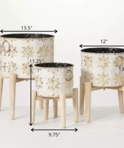 SULLIVANS White and Gold Flower Burst Metal Planter on Stand (Set of 3) -Vigoro sales Store white and gold patterned sullivans plant pots met1880 1f 1000