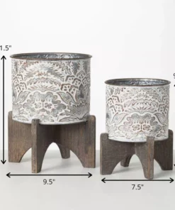 SULLIVANS White and Gray Flourish Metal Planter (Set of 2) 9 SULLIVANS White and Gray Flourish Metal Planter (Set of 2) -Vigoro sales Store white and gray patterned sullivans plant pots met1821 1f 1000