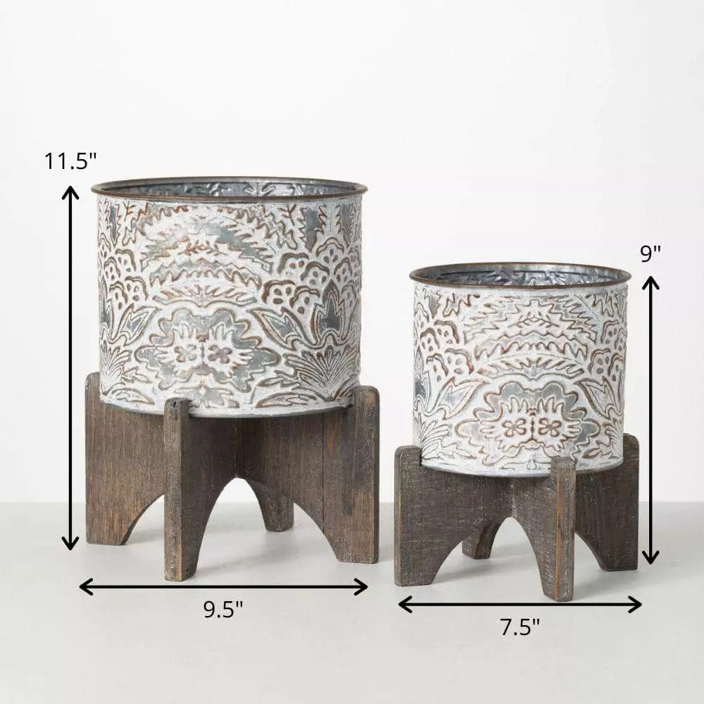 SULLIVANS White and Gray Flourish Metal Planter (Set of 2) 6 SULLIVANS White and Gray Flourish Metal Planter (Set of 2) - Image 4