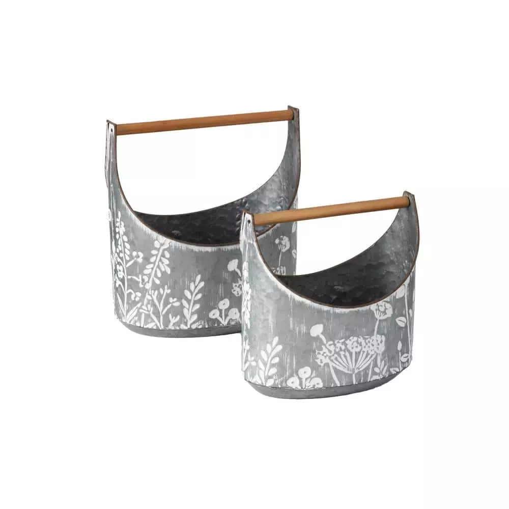 SULLIVANS Whitewashed Metal Flower Trug With Handles (Set of 2) 3 SULLIVANS Whitewashed Metal Flower Trug With Handles (Set of 2)